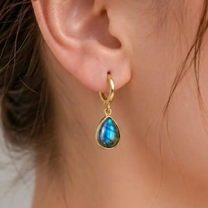 Natural Pear Labradorite Hoop Drop Earrings, Gold Filled Huggie Minimalist Jewelry