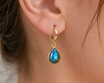 Natural Pear Labradorite Hoop Drop Earrings, Gold Filled Huggie Minimalist Jewelry
