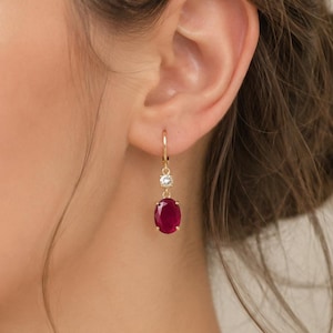 Red Ruby Leverback Earrings, Handmade Red Gemstone Earrings, Oval Drop Earrings, Anniversary Gift for Women