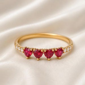 Dainty Red Ruby Four Heart Ring, Heart Cut Ruby Ring, Red Gemstone Ring, CZ Accent Band Ring, Stackable Promise Ring, Gift for Her
