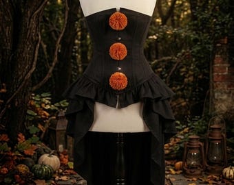 Black Gothic Corset with Orange Pom Poms | High-Low Ruffle Clown / Halloween Bodice