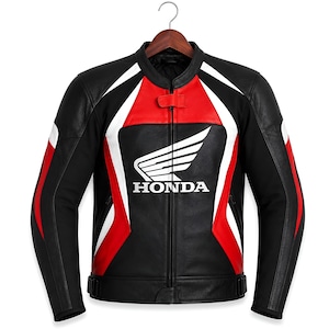 Honda Motorcykel Äkta Kohud Läderjacka Svart Röd Racing Biker CE Pansar