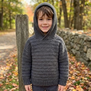 Child Hooded Pullover Sweater Crochet Pattern, Textured Even Moss Stitch (PDF Download)