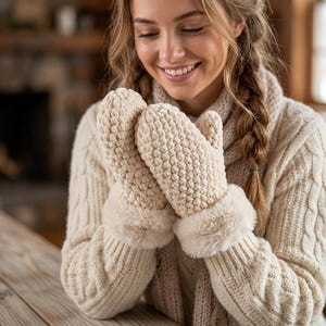 May include: A pair of cream-colored knit mittens featuring a textured bobble stitch pattern on the back of the hand and soft, plush faux fur cuffs at the wrists. The mittens are crafted from a thick yarn, providing a cozy and warm appearance.