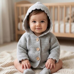 Crochet Hooded Cardigan Pattern, Baby Sweater Tutorial, Shell Edging Pockets (PDF Pattern)