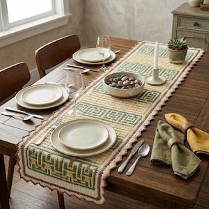 May include: A rectangular crochet table runner featuring a geometric Greek key pattern in shades of sage green, cream, and mustard yellow with a scalloped brown border. The runner is set on a wooden table with ceramic plates, silverware, and napkins.