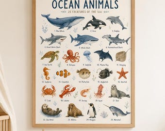 Afdrukbare muurkunst oceaandieren, poster zeedieren, decor Montessori kinderkamer, grafiek oceaandieren, print kinderkamer, homeschool