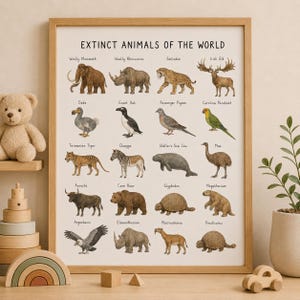 May include: A framed educational wall art print titled Extinct Animals of the World, featuring detailed illustrations of twenty prehistoric creatures including a woolly mammoth, dodo, and cave bear, each labeled with its common name in black text.