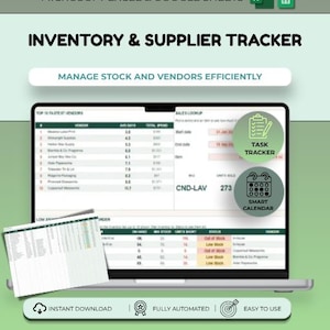 Puede incluir: Una hoja de cálculo digital de seguimiento de inventario y proveedores para Microsoft Excel y Google Sheets. La interfaz muestra clasificaciones de proveedores, búsqueda de ventas y estado de stock con iconos de tareas.