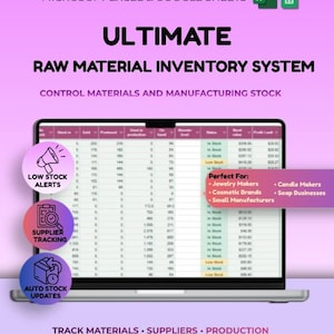 May include: A laptop screen displaying a spreadsheet titled Ultimate Raw Material Inventory System for Microsoft Excel and Google Sheets. The interface includes columns for stock, production, and profit, with icons for low stock alerts and supplier tracking.