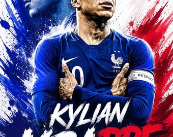 キリアン・エムバペ フランス代表サッカーポスター | 青・赤・白のスポーツアート（デジタルダウンロード）