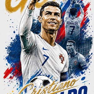 Può includere: Una stampa d'arte digitale che ritrae Cristiano Ronaldo con la maglia bianca del Portogallo con il numero 7. La composizione include tre raffigurazioni dell'atleta, la scritta dorata GOAT e schizzi di vernice blu e rossa su sfondo bianco.