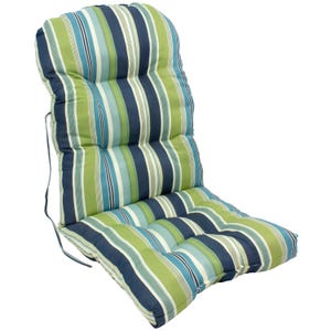 May include: A high-back chair cushion featuring a vertical striped pattern in shades of navy blue, lime green, and light blue. The cushion has a tufted design with multiple stitched sections and includes thin fabric ties on the side for attachment.