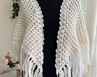 Chal de ganchillo multiusos con perlas, chal de punto bohemio con flecos, capa tejida a mano 3 en 1, chal de novia con perlas, falda pareo de ganchillo para festivales