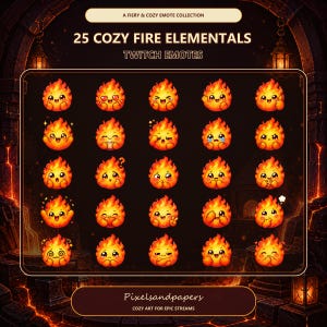 Peut inclure: Une collection de 25 émoticônes numériques d'élémentaires de feu pour Twitch, présentant diverses expressions faciales et gestes. L'ensemble comprend des personnages avec des yeux en cœur, des larmes, des pouces levés et des regards confus.