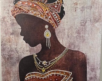 Quadro su tela con tecnica mista raffigurante una donna africana, decorato a mano con perle, decorazione murale materica, opera d'arte di lusso realizzata a mano.