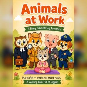 Könnte beinhalten: Ein Malbuch-Cover mit dem Titel Animals at Work: A Funny Job Coloring Adventure. Es zeigt eine Eule als Richter, einen Fuchs als Detektiv, ein Schwein im Anzug, einen Polizeihund und eine Katze beim Yoga. Der Text MarlexArt — WHERE ART MEETS MAGIC und A Coloring Book Full of Giggles steht unten.