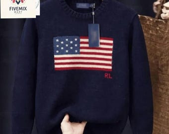 Jersey de punto vintage con la bandera de Estados Unidos de Polo Ralph Lauren, jersey con la bandera estadounidense de RL.