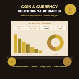 Coin & Currency Collection Tracker | Melt Value, Set Completion and Gain/Loss | Google Sheets + Excel | KeptWorks
