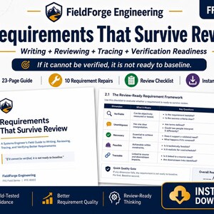 以下が含まれることがあります： FieldForge Engineeringによる「Requirements That Survive Review」というタイトルのデジタルガイド。23ページのガイド、10の要件修正、レビューチェックリストが含まれています。ドキュメントには、要件を評価するためのフレームワーク表と主要な質問が記載されています。