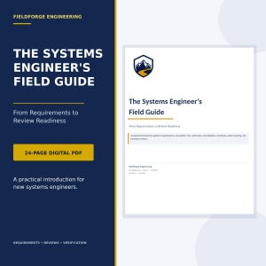 May include: A 24-page digital PDF titled The Systems Engineer's Field Guide: From Requirements to Review Readiness by FieldForge Engineering. The cover features a shield logo with a mountain graphic and text describing a practical guide.