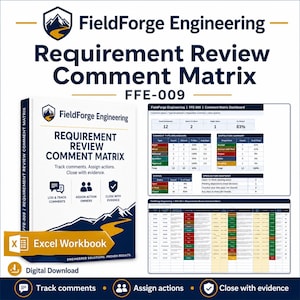 以下が含まれることがあります： FieldForge Engineering Requirement Review Comment Matrix FFE-009というタイトルのデジタルExcelワークブック。このドキュメントには、コメントステータス、タイプ別の内訳、処理の概要、および詳細な追跡スプレッドシートを備えたダッシュボードが含まれています。