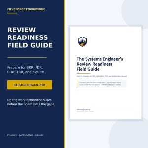 May include: A 31-page digital PDF titled The Systems Engineer's Review Readiness Field Guide by FieldForge Engineering. The cover features a mountain logo and text detailing preparation for SRR, PDR, CDR, TRR, and verification closure.