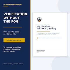 May include: A 30-page digital PDF titled Verification Without the Fog by FieldForge Engineering. The cover features a mountain logo, the subtitle A Systems Engineer's Field Guide to Planning, Executing, Closing, and Defending Verification and Validation.
