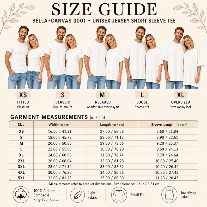 Peut inclure: Un guide des tailles pour le t-shirt unisexe &agrave; manches courtes Bella+Canvas 3001. Le tableau montre cinq paires de personnes portant des tailles de XS &agrave; XL, avec un tableau d&eacute;taill&eacute; listant les mesures de largeur, longueur et manches en cm.