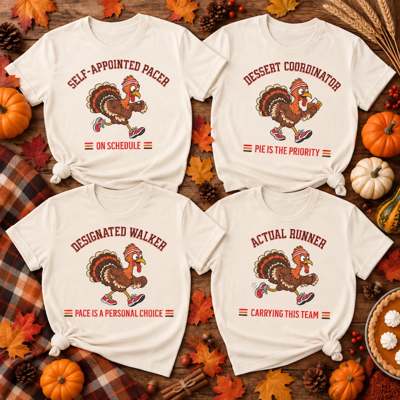 Peut inclure: Quatre t-shirts &agrave; manches courtes couleur cr&egrave;me avec des dindes de dessin anim&eacute; en tenue de sport. Les t-shirts affichent le texte : SELF-APPOINTED PACER ON SCHEDULE, DESSERT COORDINATOR PIE IS THE PRIORITY, DESIGNATED WALKER PACE IS A PERSONAL CHOICE et ACTUAL RUNNER CARRYING THIS TEAM.