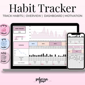 Puede incluir: Un rastreador de hábitos digital mostrado en la pantalla de una computadora portátil y un teléfono inteligente. La interfaz presenta gráficos, tablas de progreso semanal y ajustes de calendario para julio de 2024. Tres iconos circulares con etiquetas aparecen.