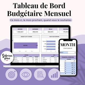May include: A digital monthly budget dashboard displayed on a laptop and smartphone screen. The interface features purple and white sections for income, expenses, bills, and savings, with charts, tables, and the text "Tableau de Bord Budgétaire Mensuel".