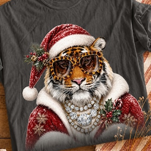 Christmas Tiger PNG, Glam Santa Tiger Design, Leopard Glasses Holiday Sublimation, Festive Animal Shirt Graphic, Winter DTF Download