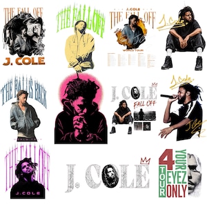 May include: A collection of twelve graphic designs featuring J. Cole, including text such as THE FALL OFF, THE BALL IS BACK, and 4 YOUR EYEZ ONLY. The images display various portraits of the artist, concert tour dates, and stylised typography.