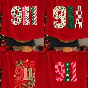 May include: A red long-sleeve sweatshirt featuring four distinct graphic designs of the number 911. Each design incorporates festive holiday patterns including Christmas trees, Santa faces, candy canes, holly leaves, bows, and stars in red, green, and white.