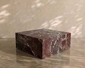 Marble Coffee Table 35.4x35.4x13.8in, Square Pedestal Design, Scandi Low Floating Table, Calacatta Viola, Rosso Levanto, Tax Free USA