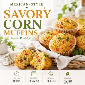 May include: A basket of golden-yellow corn muffins with red pepper bits and green herbs, labeled MEXICAN-STYLE SAVORY CORN MUFFINS. The image includes icons for 15 min prep time, 15-20 min bake time, 12 servings, and 140 kcal per piece.