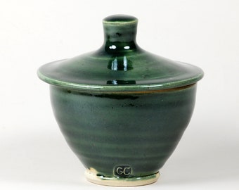 Green glaze sugar bowl, white clay body