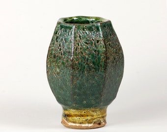 Small stoneware flower vase glazed in crackly green and amber