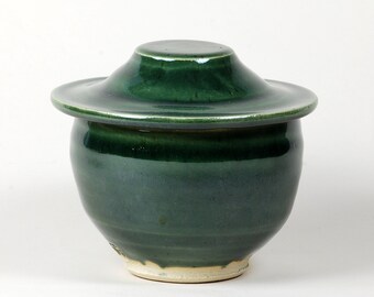 Green glaze butter crock, white clay body