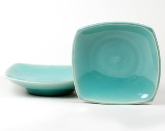 Square lunch/dessert/salad size plates, white clay, tropical blue glaze