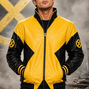 Giacca in pelle ispirata a Wolverine degli X-Men, giacca bomber da cosplay da supereroe gialla e nera, giacca da costume da mutante dei fumetti per uomo