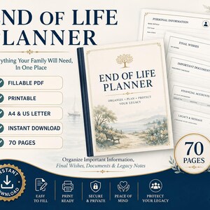 May include: An End of Life Planner with a coastal landscape cover featuring a bench and tree. The set includes 70 pages of fillable, printable forms for personal information, final wishes, important documents, financial accounts, and legacy messages.