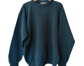 Vintage American Eagle preppy trui met ronde hals uit de jaren 70/80, smaragdgroen, basic model, maat L.