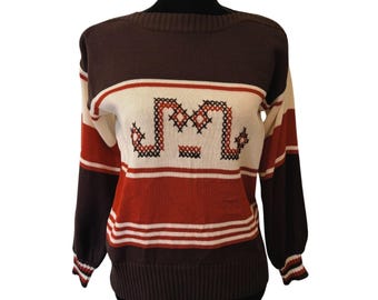 VINTAGE 70s Indie Folk Art Cross-stitch Colorblock Stripe Boatneck Sweater XL