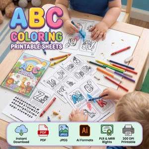 May include: A set of ABC coloring printable sheets featuring alphabet letters with illustrations, a cover page with a rainbow and animals, and a full alphabet chart. The collection includes various crayons and digital file format icons.