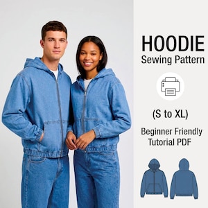 Op de afbeelding: Een digitaal naaipatroon voor een hoodie met rits, gelabeld HOODIE Sewing Pattern (S to XL) Beginner Friendly Tutorial PDF. De afbeelding toont twee personen in blauwe spijkerstof hoodies en bevat een technische schets.