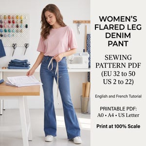 Women's Flared Leg Denim Pants Sewing Pattern | Beginner Friendly English French Tutorial  (PDF)
