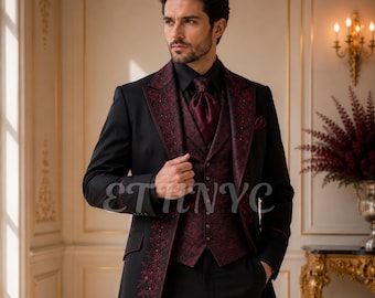 Luxury Black Victorian Tailcoat, Burgundy Embroidered Wedding Suit, Regency Groom Attire, Gothic Formal Menswear, Custom Made Suit