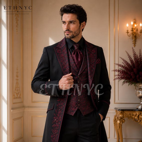Luxury Black Victorian Tailcoat, Burgundy Embroidered Wedding Suit, Regency Groom Attire, Gothic Formal Menswear, Custom Made Suit